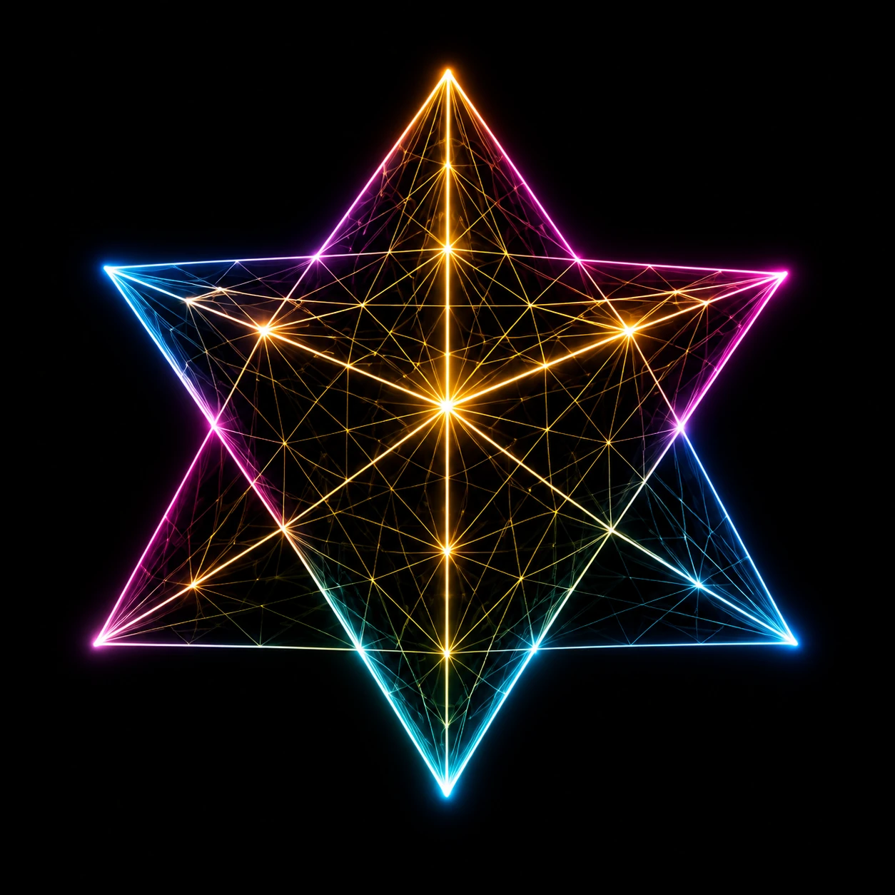 Leuchtende Merkaba in Gold, Magenta und Cyan