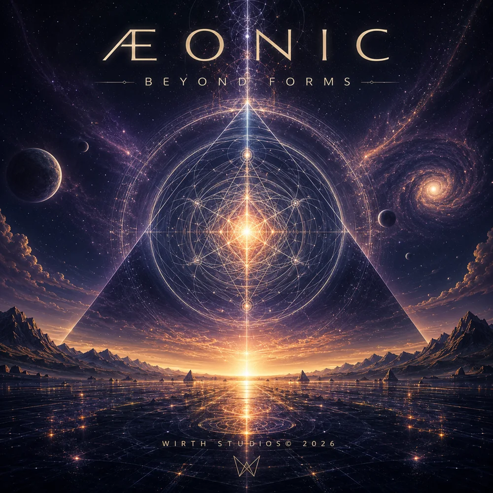 Kosmisches ÆONIC-Cover mit geometrischem Lichtkörper