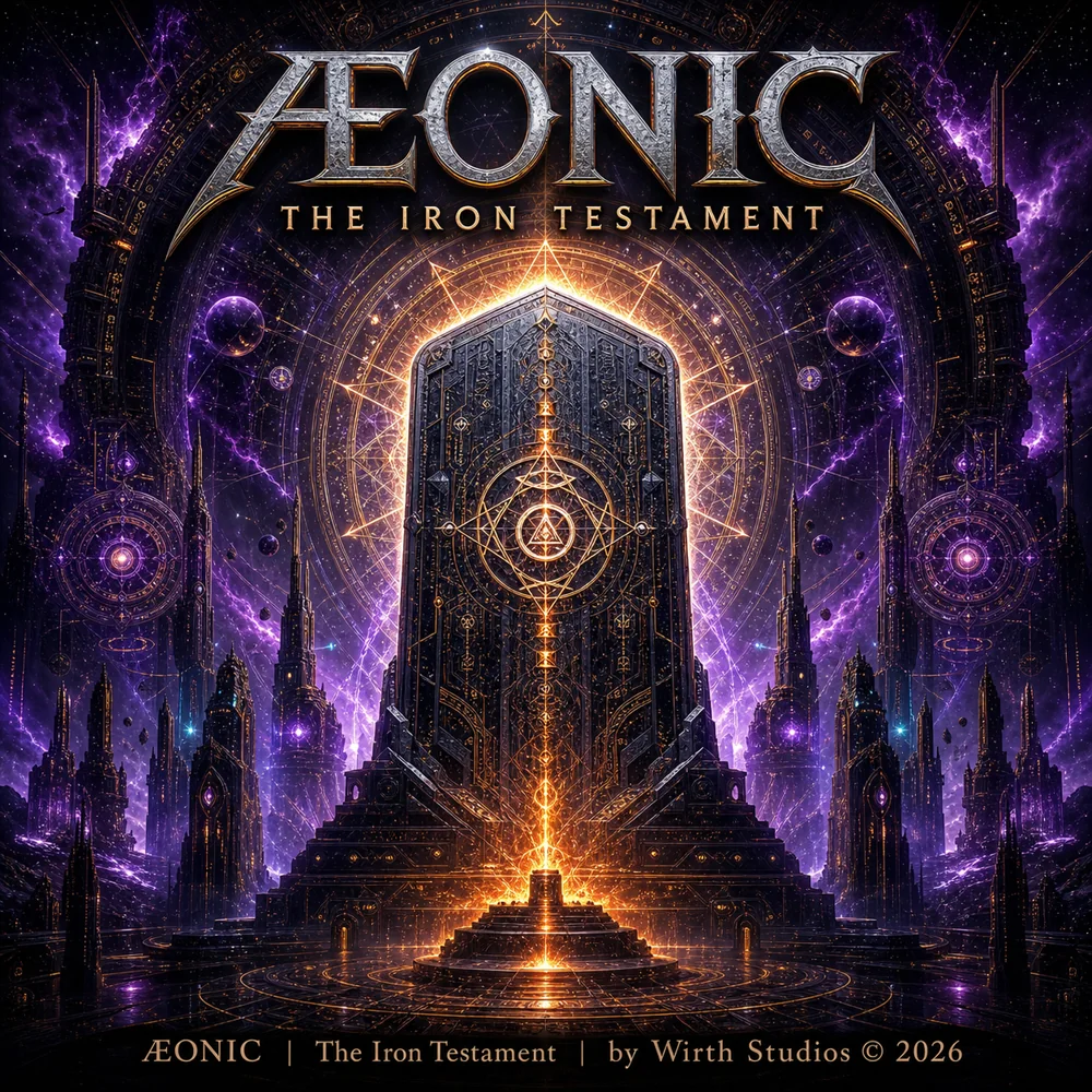 ÆONIC-Cover The Iron Testament mit leuchtendem Monolithen